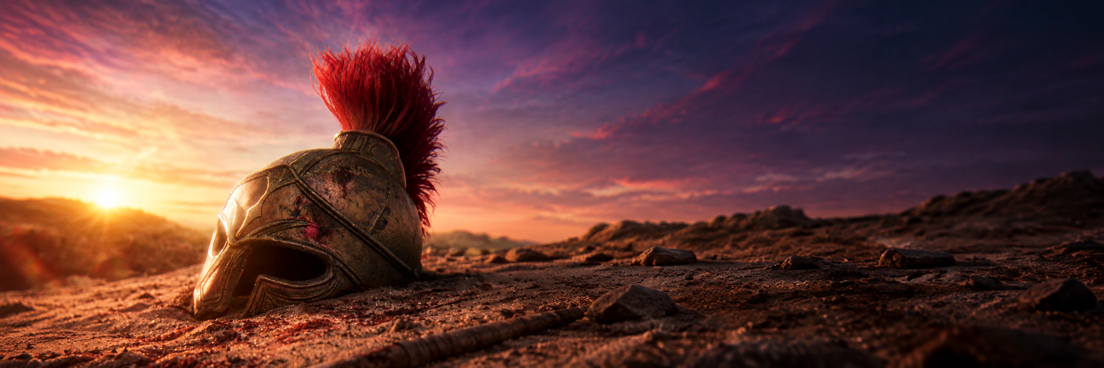 Un casque antique à crête rouge posé dans un paysage rocheux au coucher du soleil.