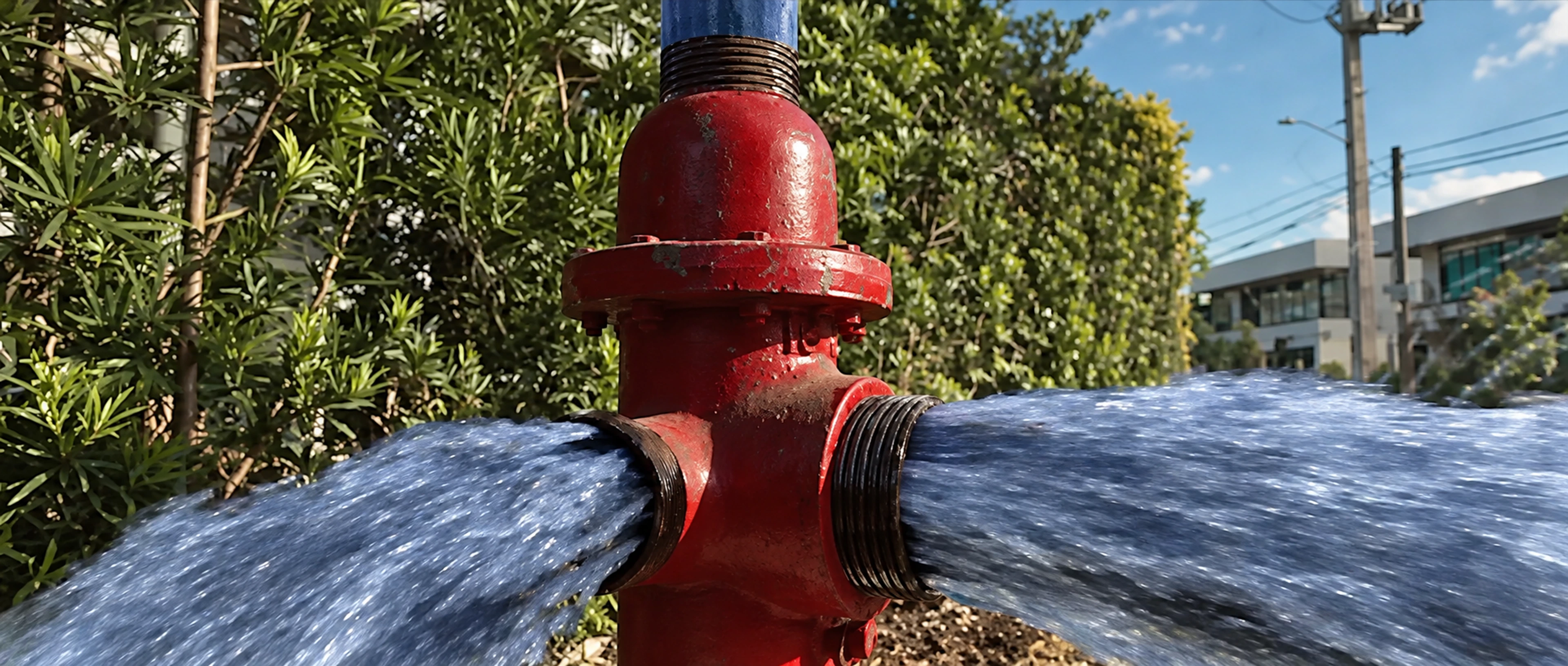 Jets d’eau autour d’une borne incendie rouge.